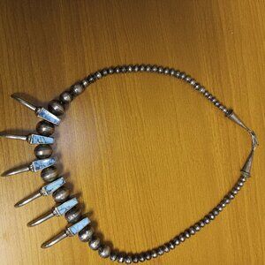 Vintage Native American Navajo Turquoise Inlay Silver Plated Beaded Necklace